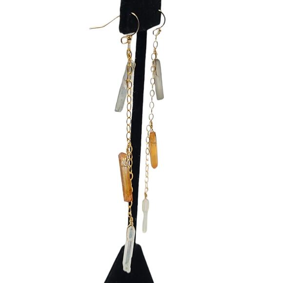 Gold Raw Quartz Crystals Dangle Chain Fashion Earrings ~ NEW - Picture 2 of 6